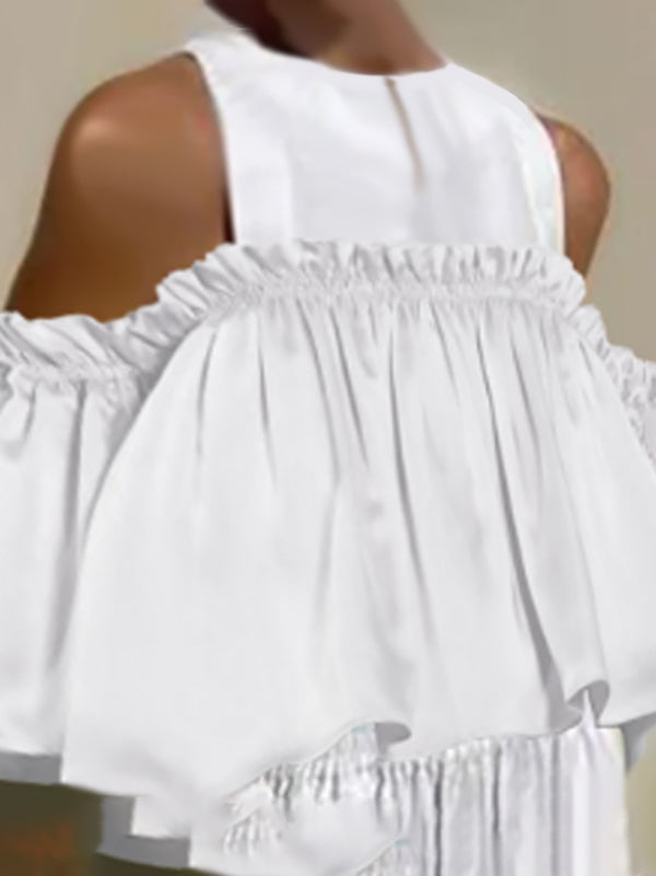 A-line Loose Elasticity Ruffled Solid Color Cold shoulder Blouses&shirts Tops