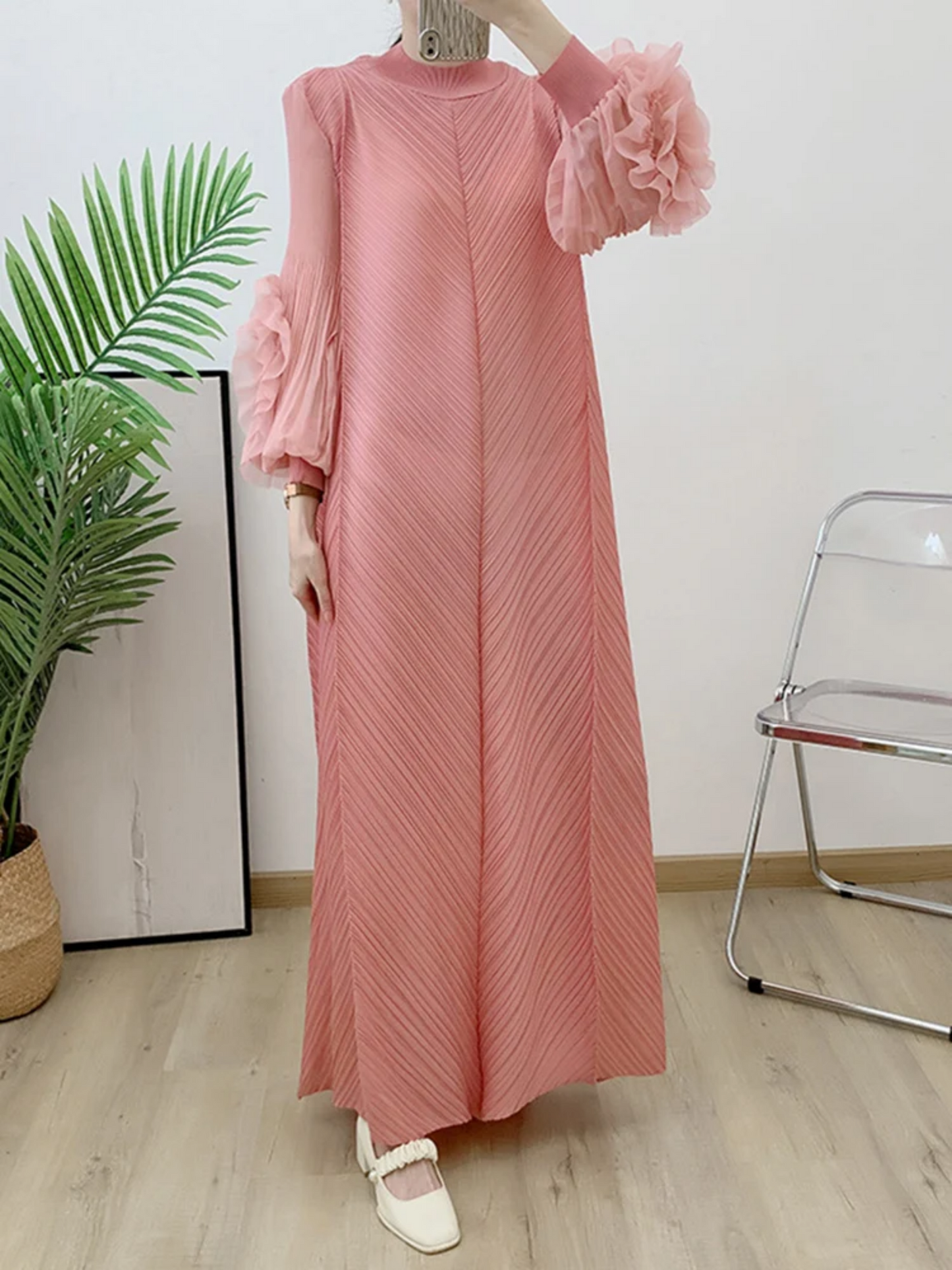 Japanese Plisse Pleated Ruffle Sleeves Midi Dress