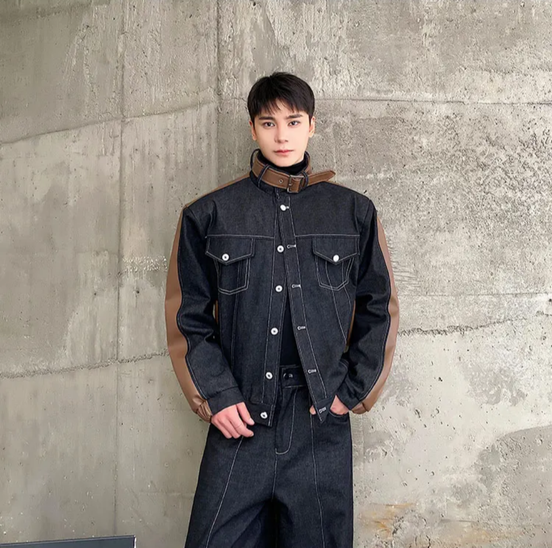Men's Dark Denim Brown Leather 2-Piece Set
