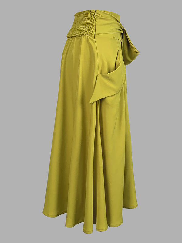 A-Line Loose Pockets Solid Color Split-Joint Tied Waist Skirts Bottoms