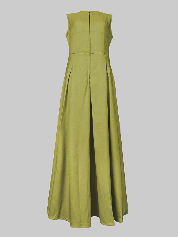 A-Line Loose Pleated Pockets Split-Joint Zipper Round-Neck Maxi Dresses