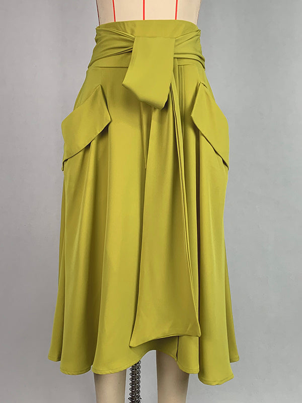 A-Line Loose Pockets Solid Color Split-Joint Tied Waist Skirts Bottoms