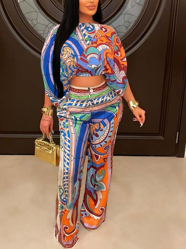 High Waisted Loose Buttoned Pleated Pockets Printed Split-Joint Pants Trousers