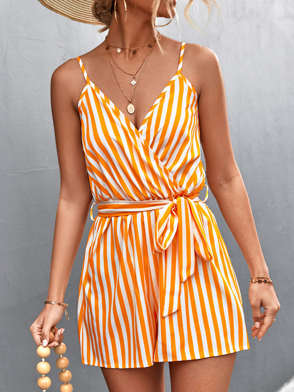 Loose Sleeveless Contrast Color Striped Tied Waist Spaghetti-Neck Rompers