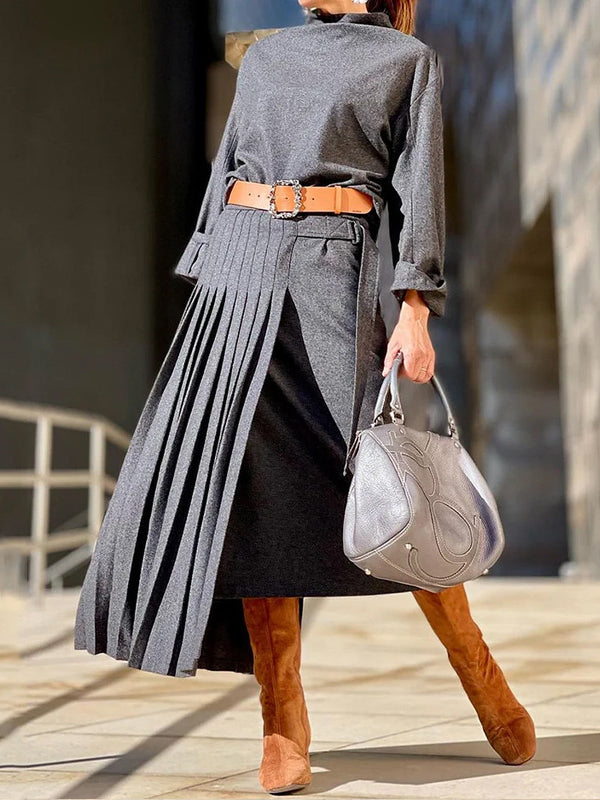 Solid Color Loose Top + Asymmetric Pleated Split-Joint Skirt Two Pieces Set