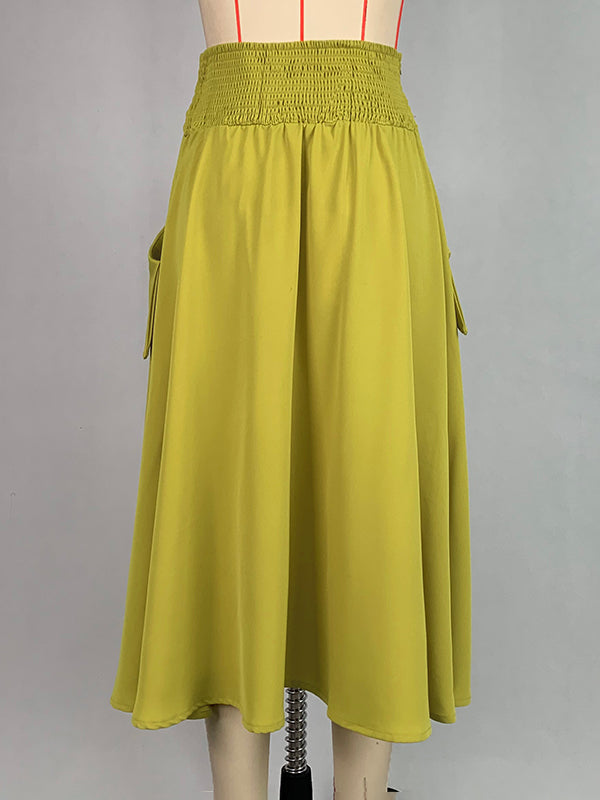 A-Line Loose Pockets Solid Color Split-Joint Tied Waist Skirts Bottoms