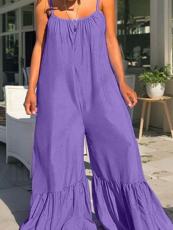 Loose Sleeveless Pleated Pockets Solid Color Split-Joint Spaghetti-Neck Jumpsuits