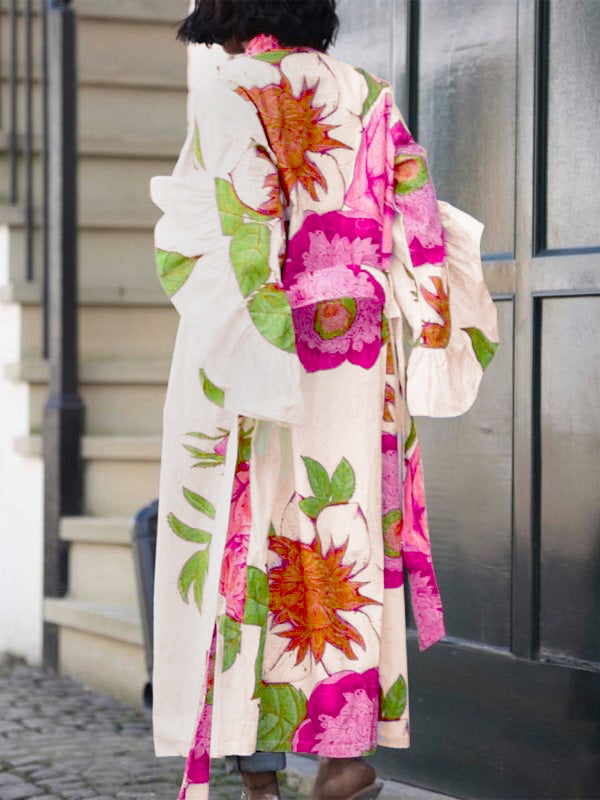 Flared Sleeves Long Sleeves Elasticity Flower Print Split-Joint Tied Waist Collarless Outerwear
