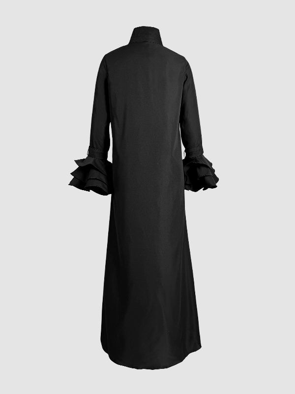 A-Line Flared Sleeves Buttoned Solid Color Split-Joint Split-Side Lapel Maxi Dresses