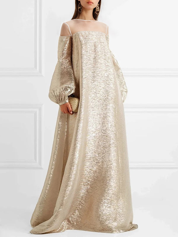 A-Line Loose Gauze See-Through Shiny Split-Joint Round-Neck Evening Dresses Maxi Dresses
