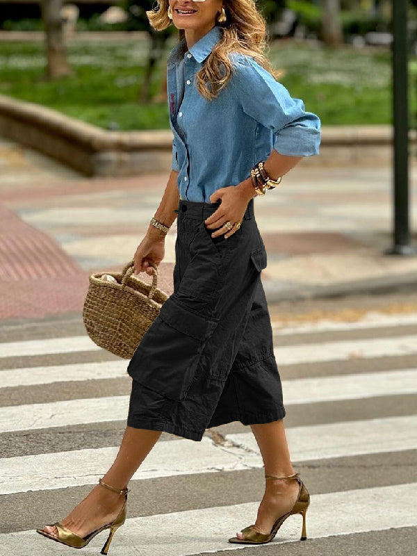 Loose Wide Leg Buttoned Pockets Solid Color Split-Joint Capri-Pants Cropped Trousers