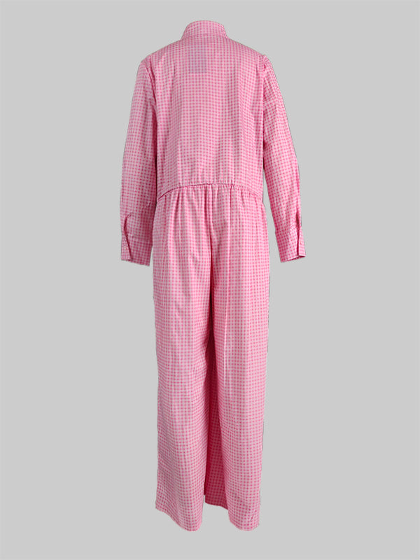Long Sleeves Loose Buttoned Plaid Pleated Split-Joint Lapel Jumpsuits