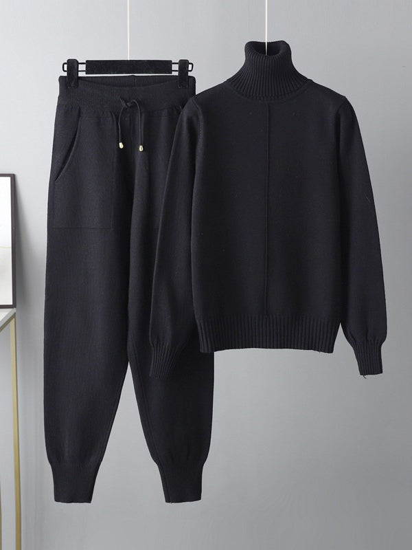 Casual Solid Long Sleeves High-Neck Sweater Tops & Drawstring Wide Leg Pants Suits