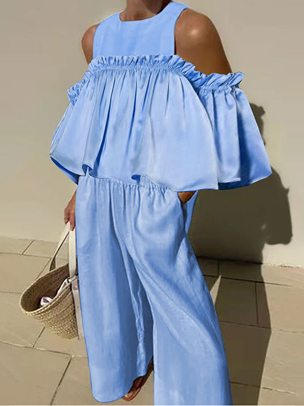 A-line Loose Elasticity Ruffled Solid Color Cold shoulder Blouses&shirts Tops