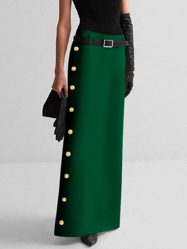 High Waisted Buttoned No Belt Solid Color Skirts Bottoms