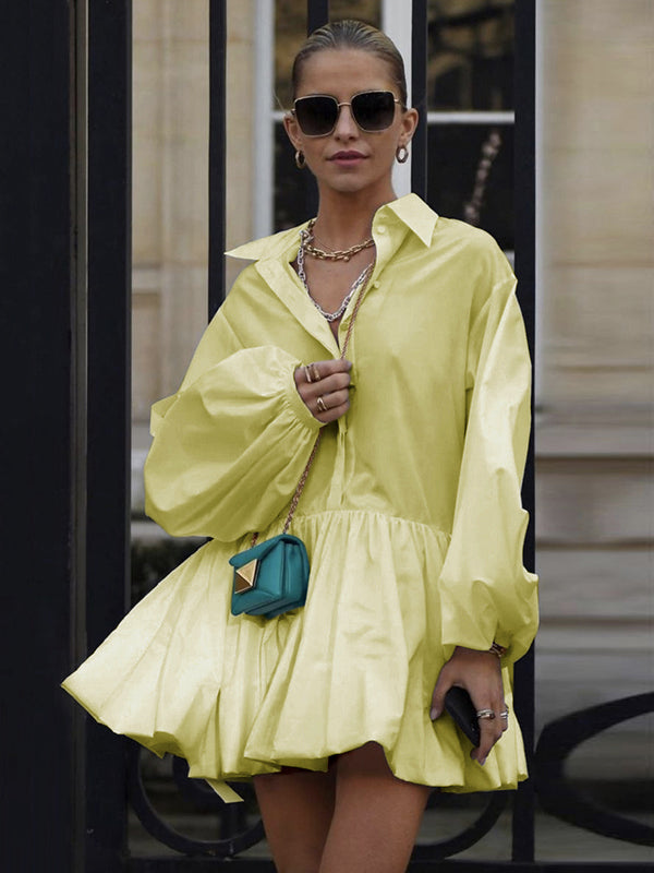 Urban Puff Sleeves Buttoned Split-Joint Solid Color Lapel Mini Dresses Shirt Dress