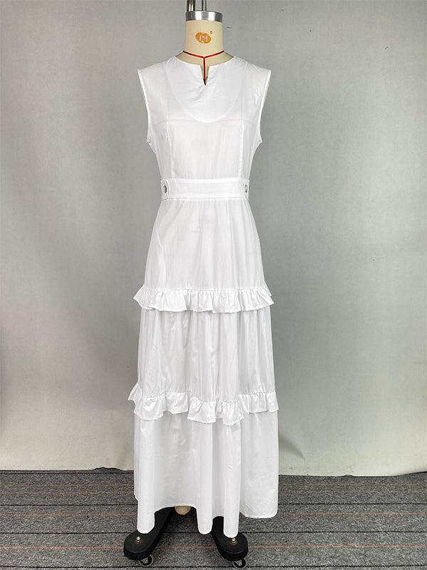 A-Line High Waisted Buttoned Pleated Pockets Solid Color Split-Joint V-Neck Maxi Dresses