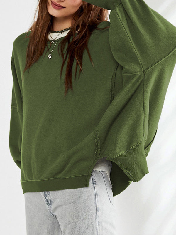 Long Sleeves Loose Fringed Solid Color Split-Joint Split-Side Round-Neck Sweatershirt