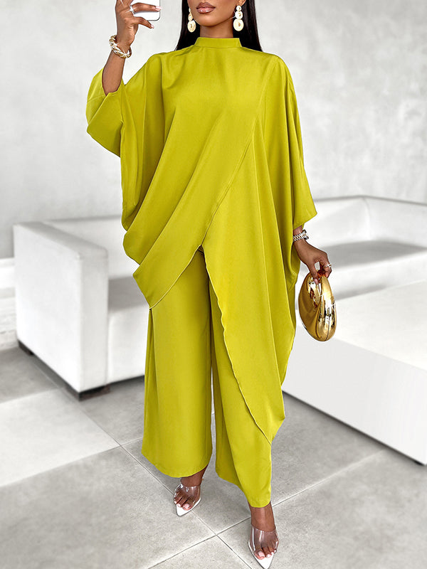 Batwing Sleeves Long Sleeves Asymmetric Hollow Solid Color Mock Neck T-Shirt Top + Pants Bottom Two Pieces Set