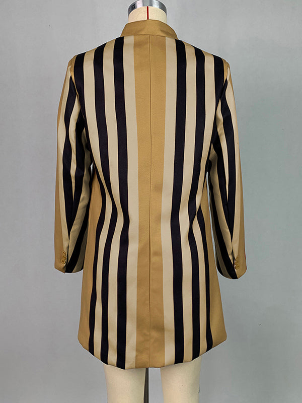 Long Sleeves Loose Buttoned Split-Joint Striped Stand Collar Woolen Coat