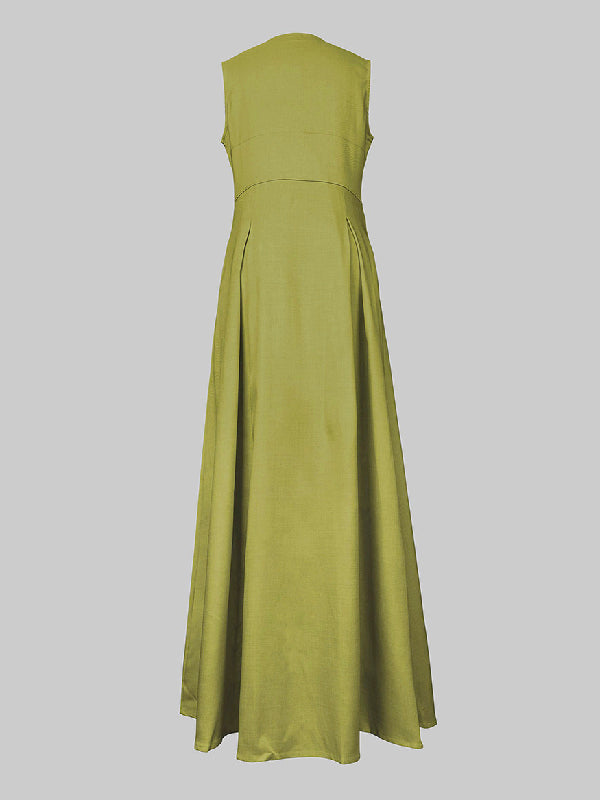 A-Line Loose Pleated Pockets Split-Joint Zipper Round-Neck Maxi Dresses