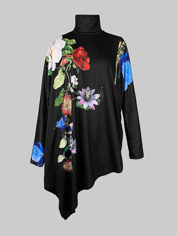Irregularity Long Sleeves Flower Print High Neck T-Shirts Tops