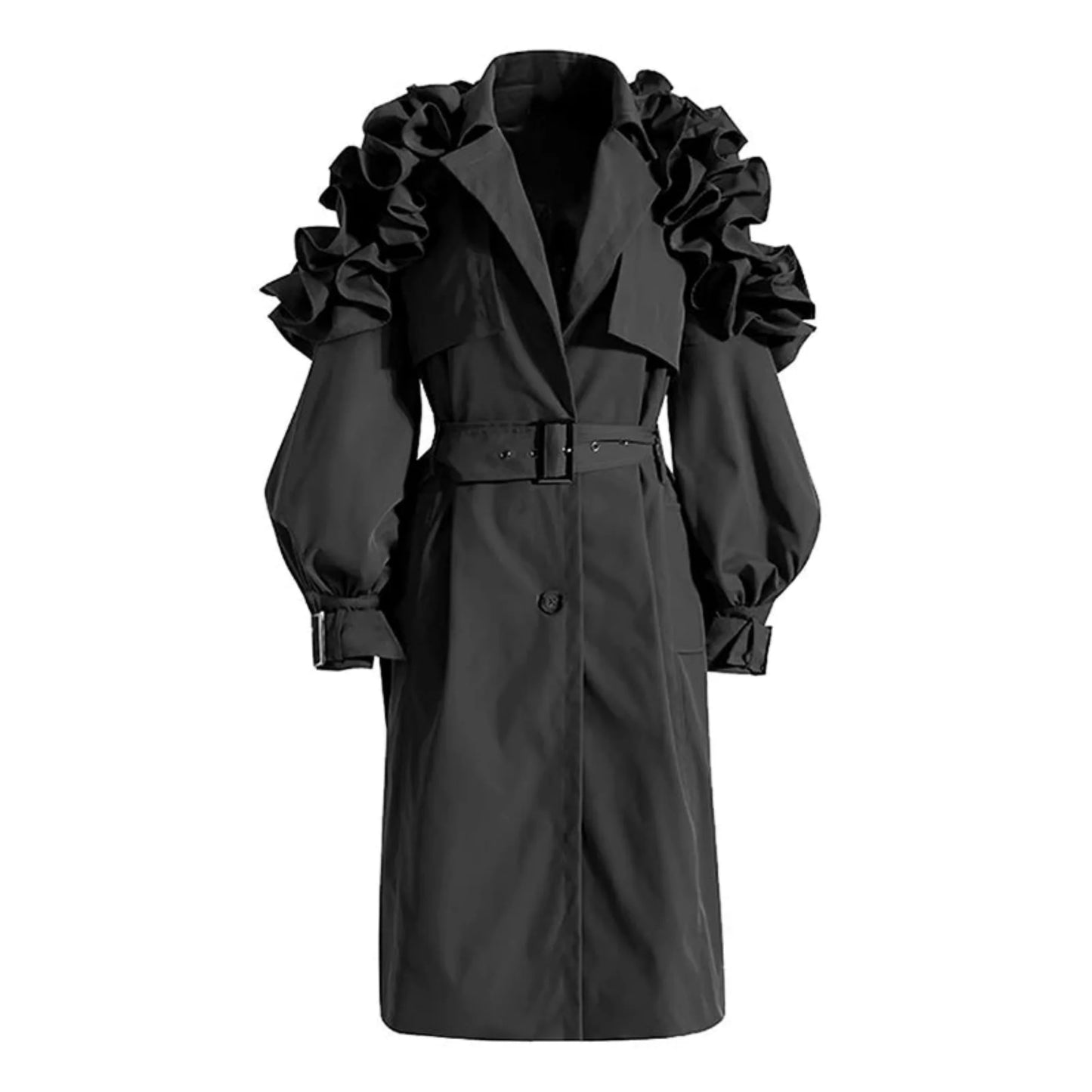 Belted Women's Trench Coat with Ruffle Detail