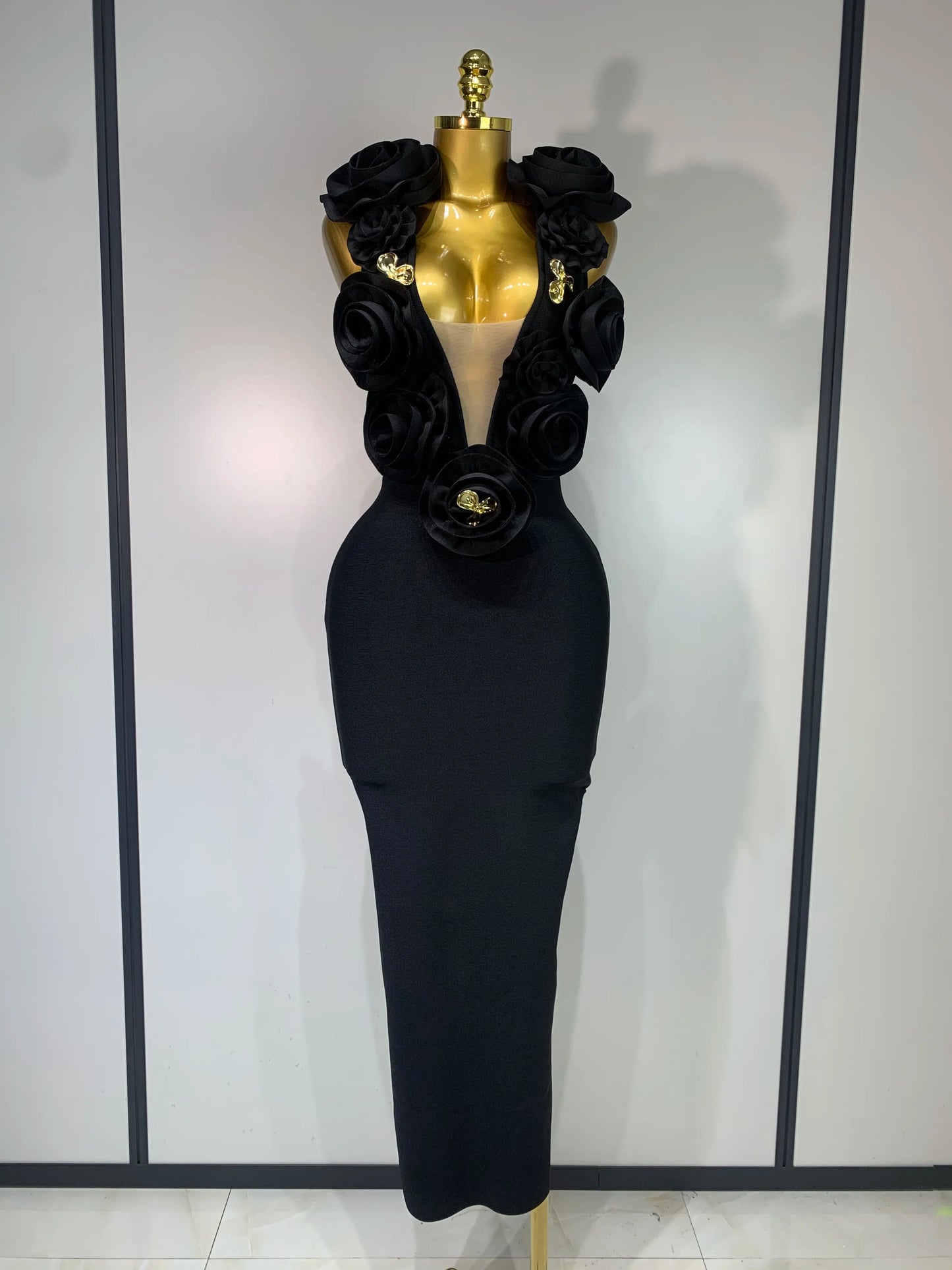 Black Floral Sleeveless Mermaid Dress