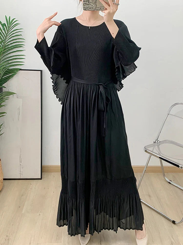 Designer Pleated Midi Dress - Ruffle Detail
