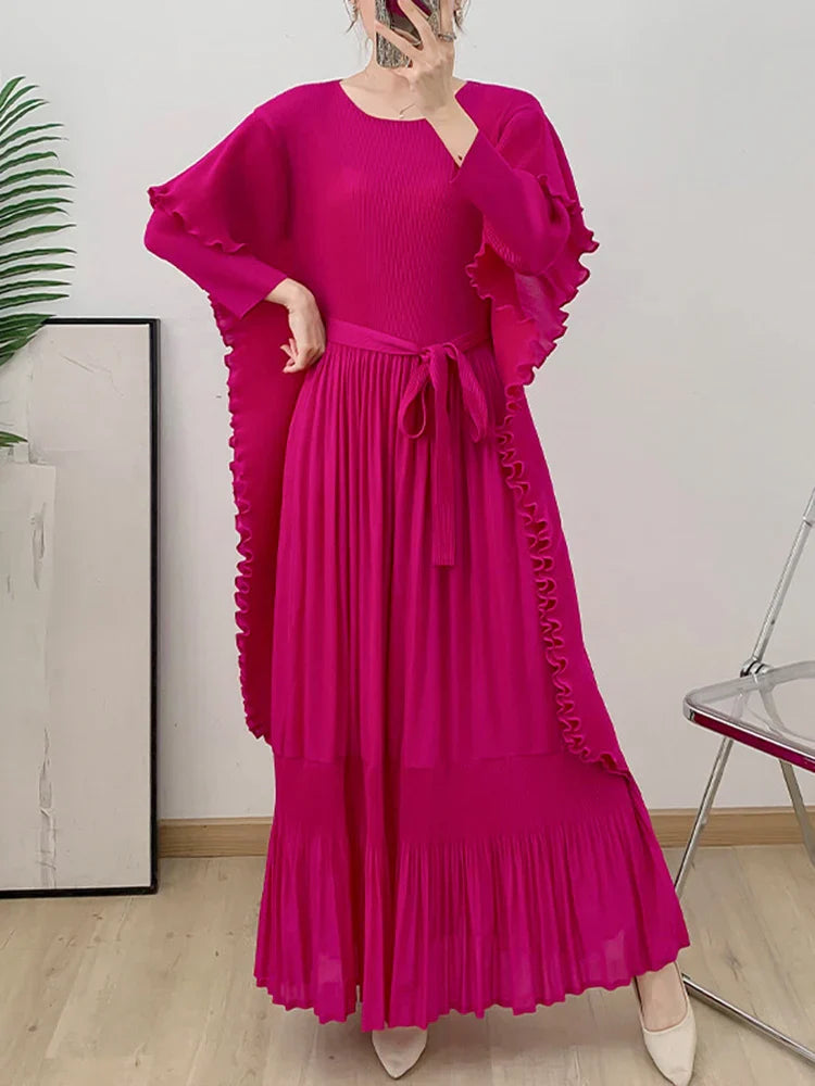 Designer Pleated Midi Dress - Ruffle Detail