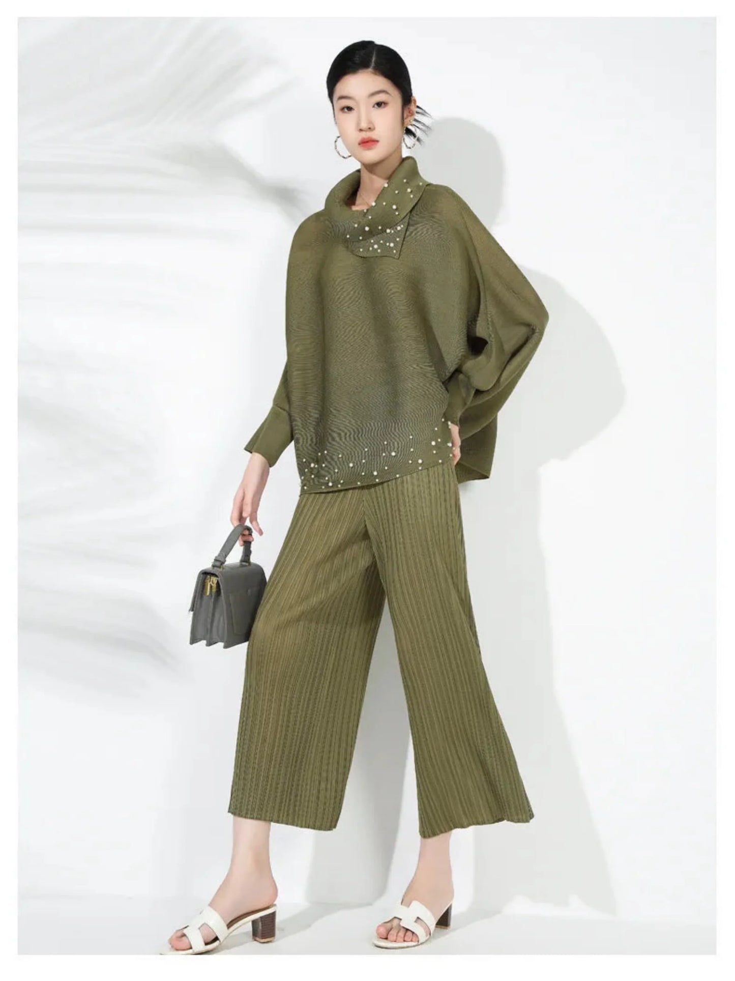Elegant Beaded Plissé Pleated Sweater & Pant Set