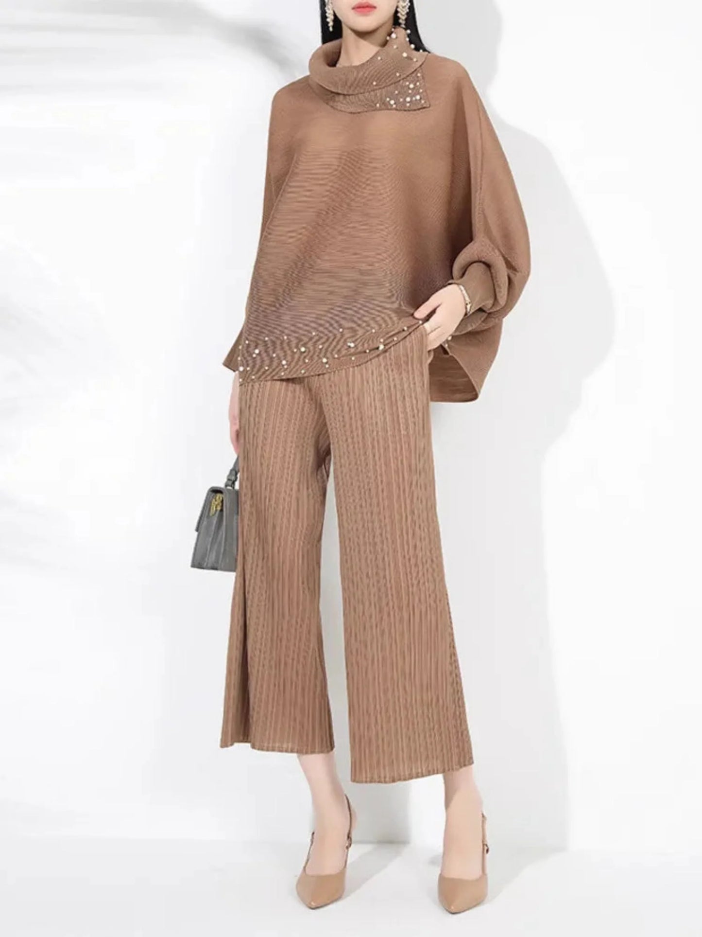 Elegant Beaded Plissé Pleated Sweater & Pant Set