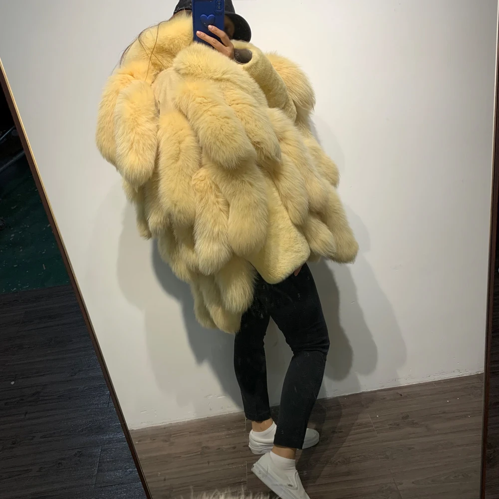 Genuine Fox Fur Tail Long Coat