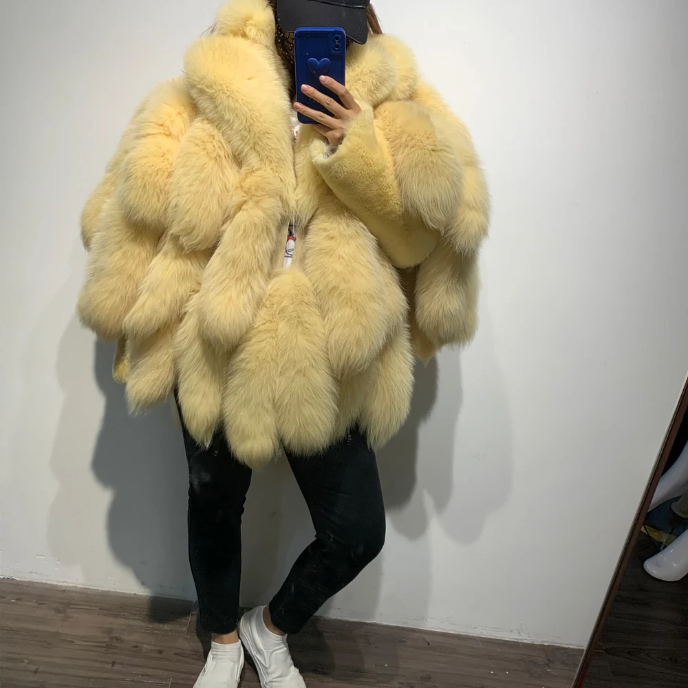 Genuine Fox Fur Tail Long Coat