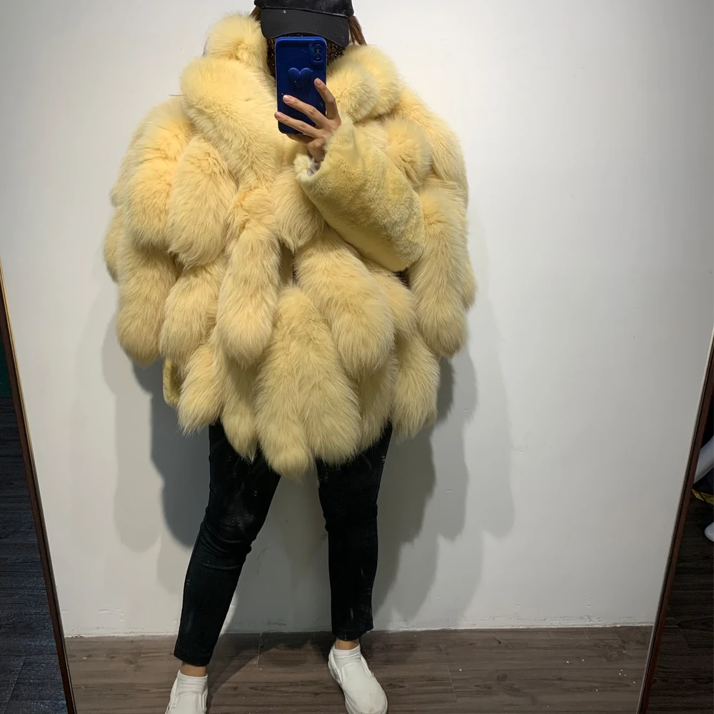 Genuine Fox Fur Tail Long Coat