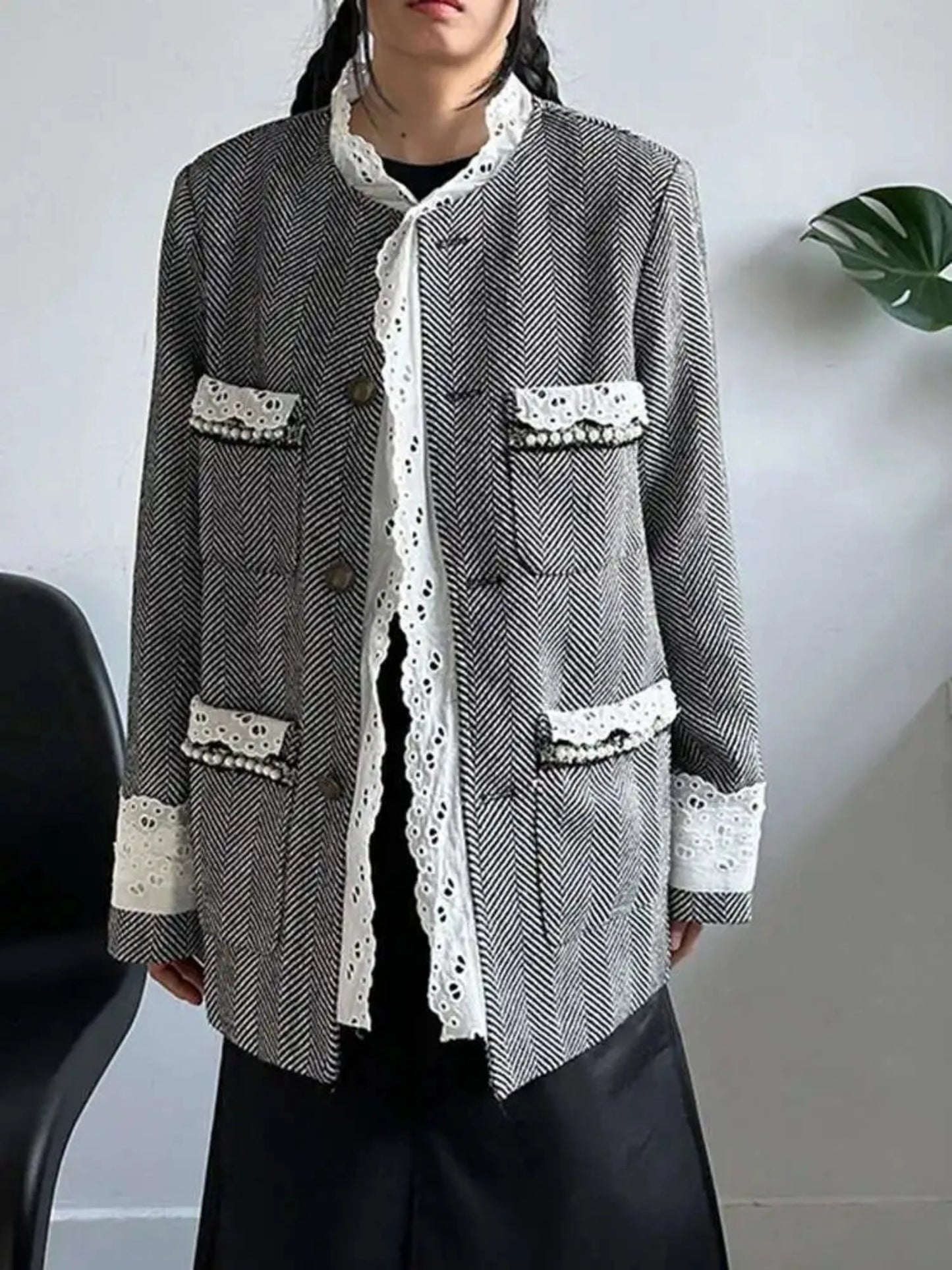 Lace Herringbone Oversized Blazer