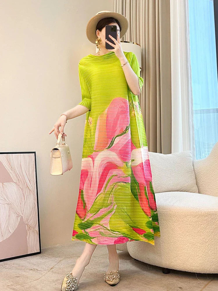 Japanese Floral Pleated Midi Dress