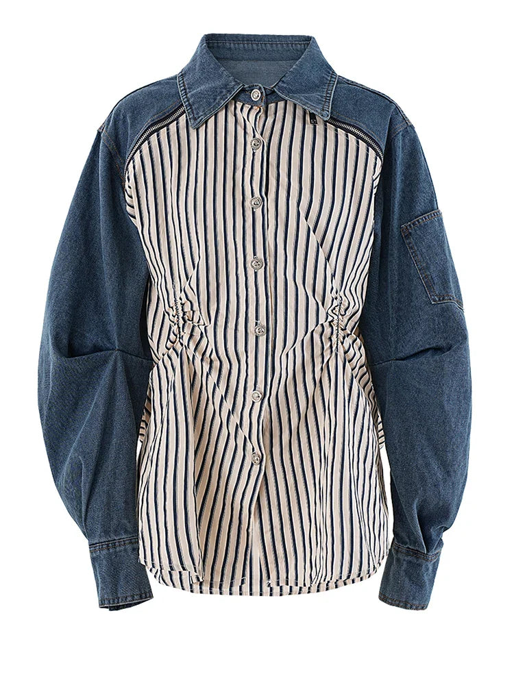Denim Ruched Stripe Blouse