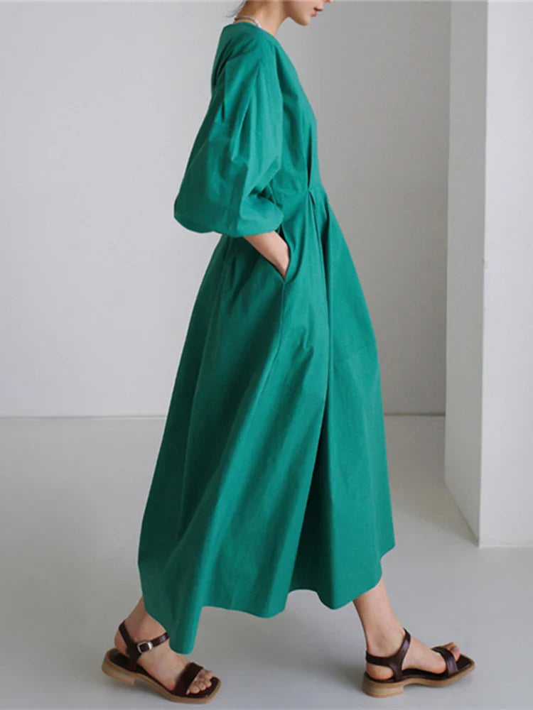 Luxe Balloon Cotton Blend Midi Dress with Pockets