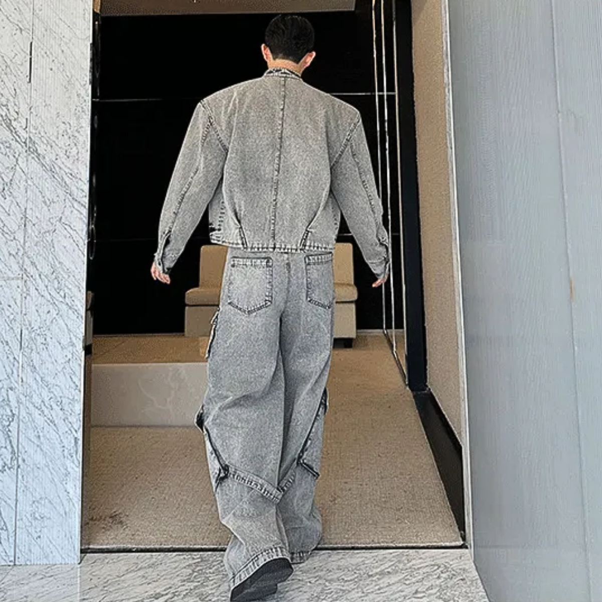 Men's 2 Piece Cargo Washed Denim Jacket & Jeans Set