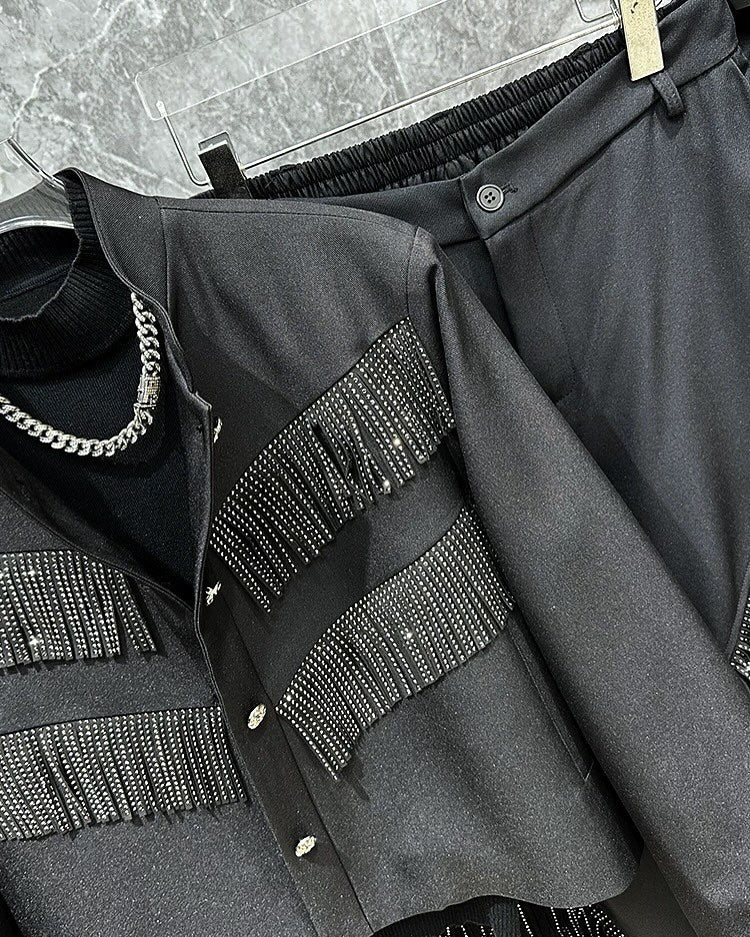 Men's Black Rhinestone Tassel Suit