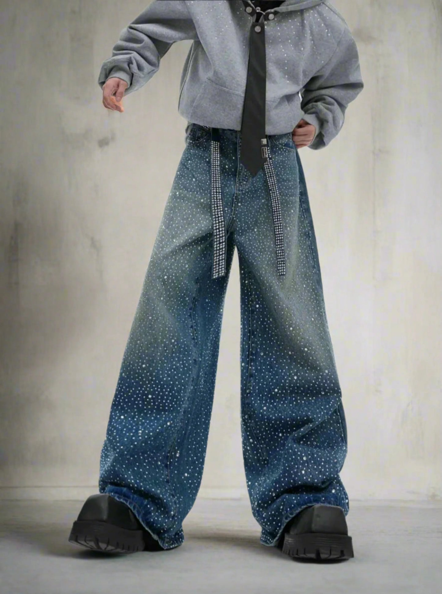 Men's Japanese Streetwear Rhinestone Baggy Jeans