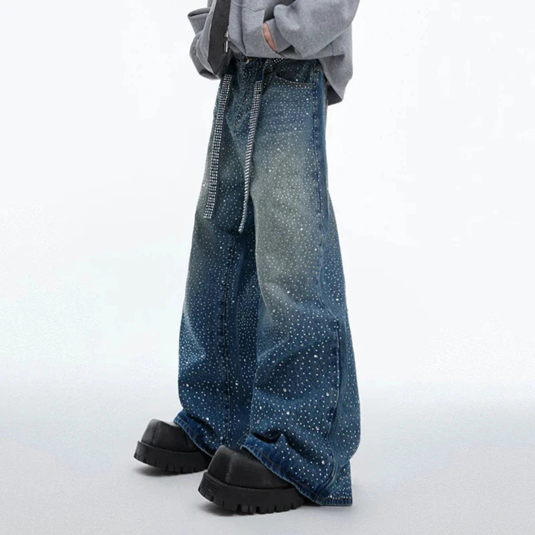 Men's Japanese Streetwear Rhinestone Baggy Jeans