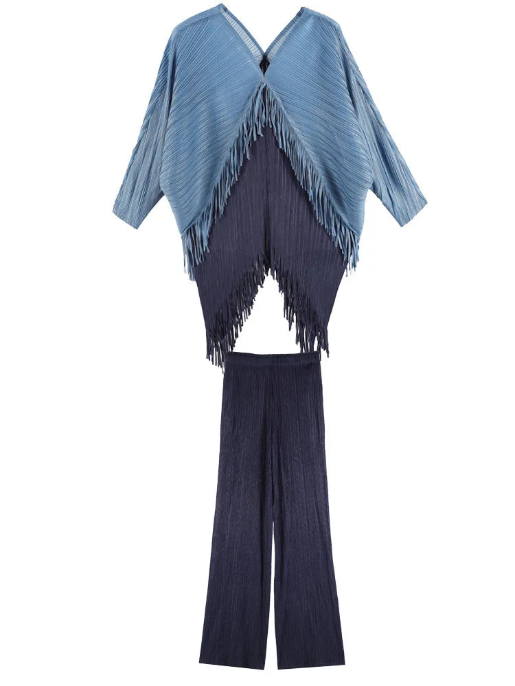 Fringed Pleated Wide-Leg Pant Set