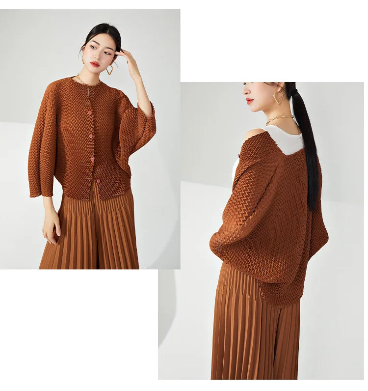 Genuine Pleated Wide Leg Pants & Cardigan Set