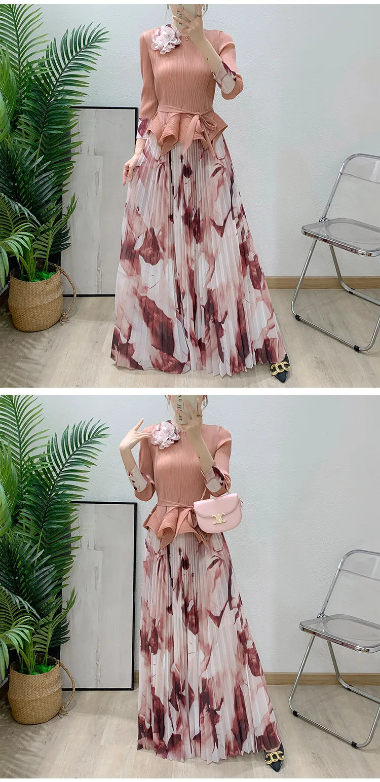 Unique Luxury Pleated Floral Top & Skirt Set