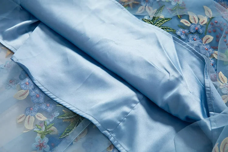 Blue Floral Embellished Long Sleeve Midi Dress