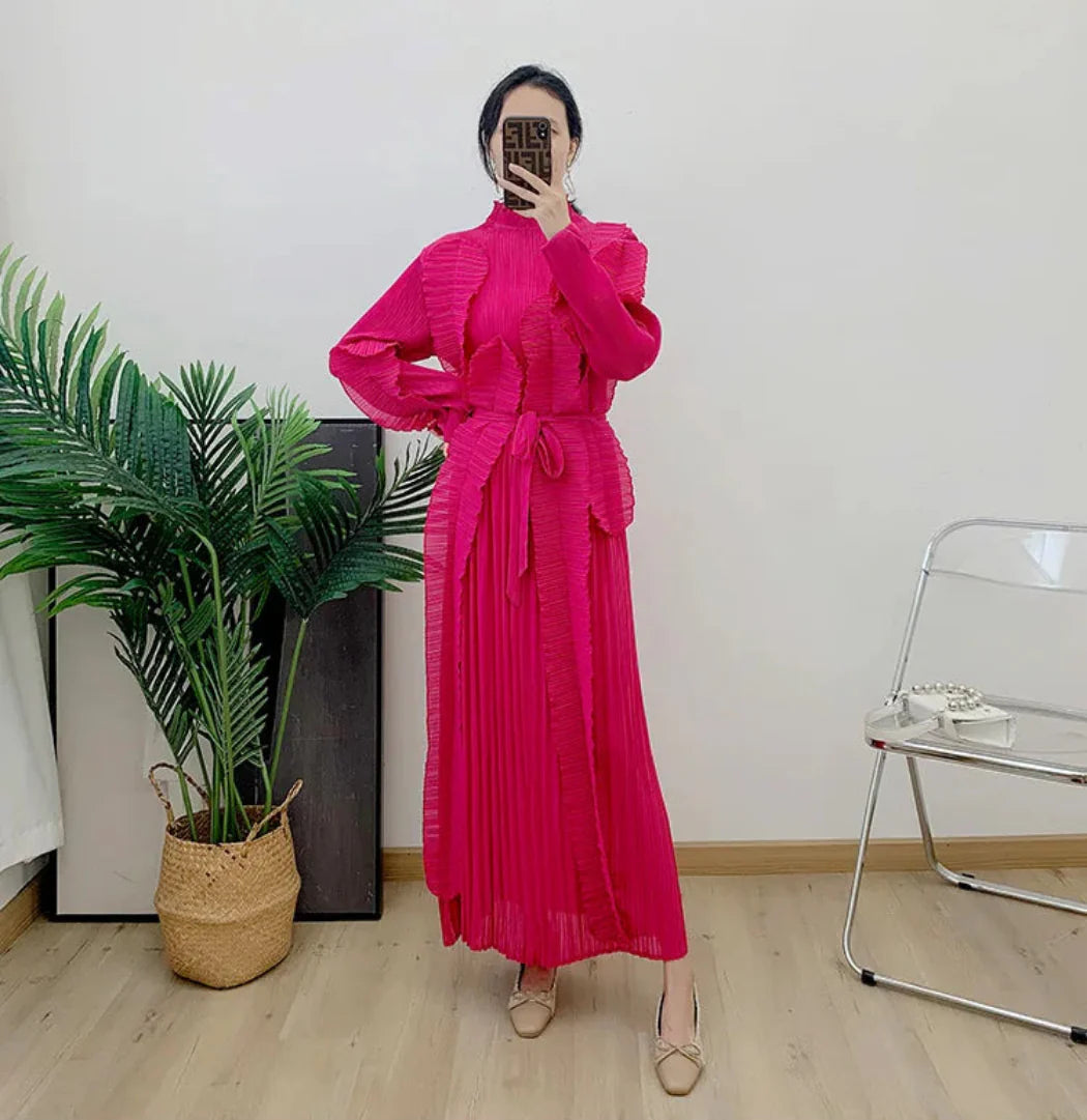 Plissé Pleated Chiffon Long Sleeve Midi Dress