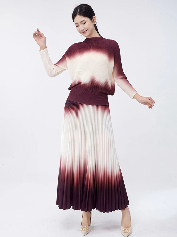 Luxury Burgundy Ombre Pleated Skirt & Top Co-Ord