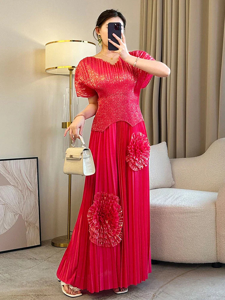 Metallic Top and Floral Pleated Plisse Skirt Set